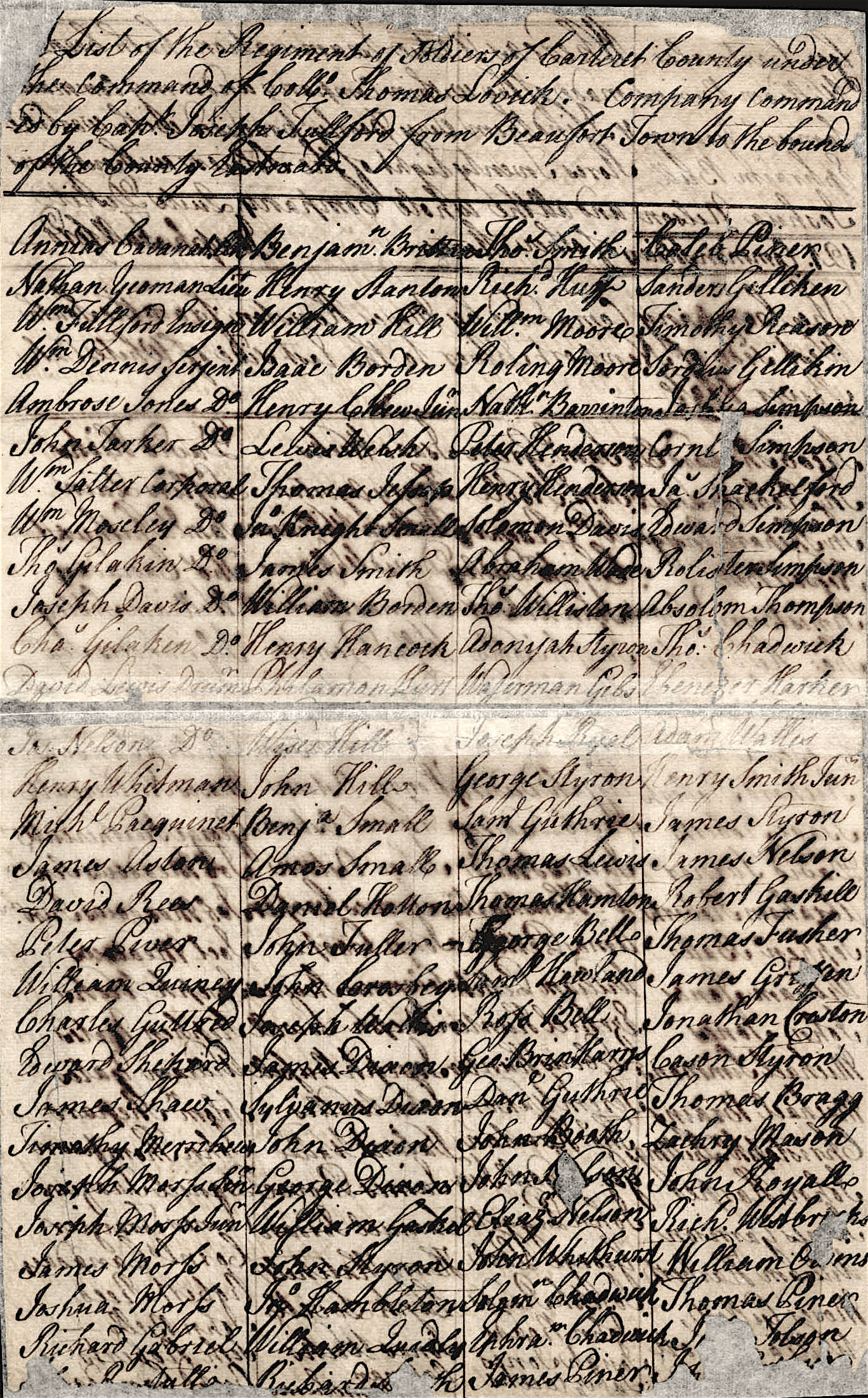 First photographed sheet of the 1747 Carteret County militia record